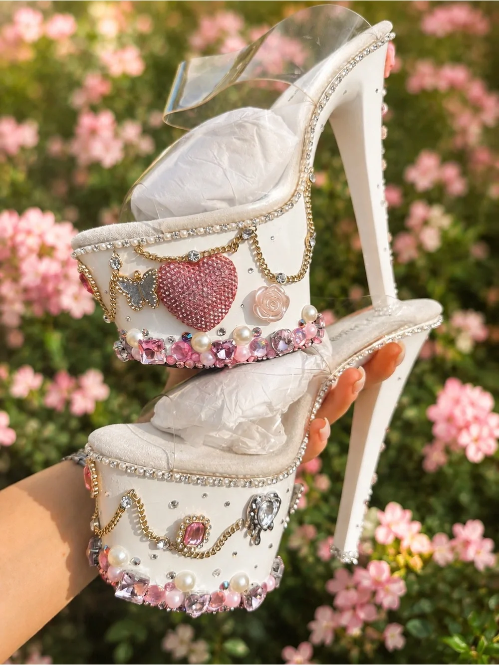 White Jeweled Platform Heels with Pink Crystal Accents